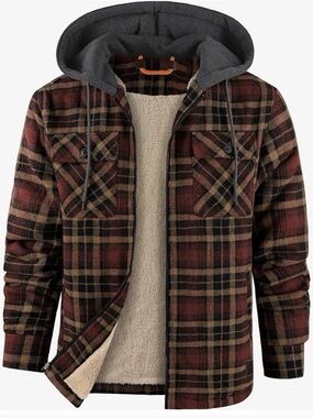 Men's Hooded Thick Brown  Plaid Jacket Flannel Snaps Sherpa Lined Fleece hood